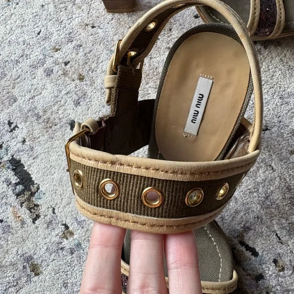Y2K MIU MIU Double Buckle, Leather & Glitter, Olive Canvas Heels - Picture 4 of 16